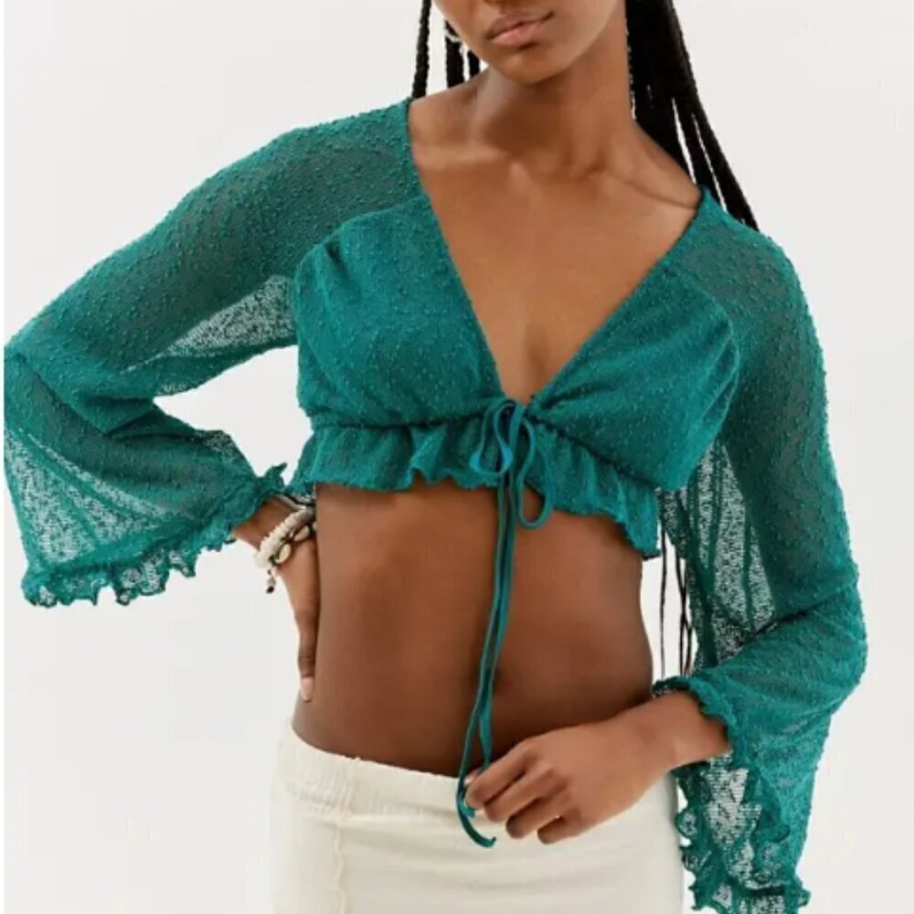 Urban Outfitters Celeste Textured Long Sleeve Cropped Blouse, Teal, Size Large